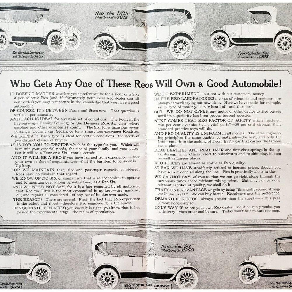 1917 Reo Motor Cars 4 & 6 Centerfold Advertisement WW1 Era Automobilia DWII30